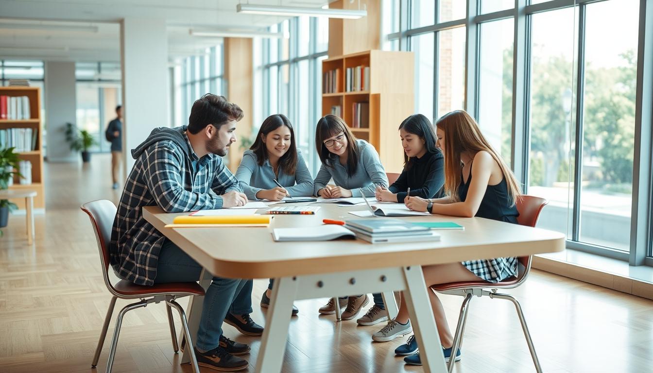 Students studying together in modern classroom